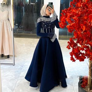 Azul marino azules musulmanes de graduación abaliciando cristal árabe dubai vestido de fiesta de fiesta de fiesta alto manga completa longitud de la manga del piso saudita mujer de ocasión especial