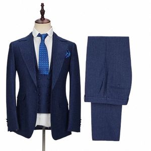 Bleu marine Pinstripe Hommes Costume Sur Mesure 3 Pièces Blazer Gilet Pantalon Un Butt Mariage Marié Busin Causal Bal Sur Mesure m4MG #