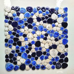 Carrelage de dosseret de cuisine en mosaïque de porcelaine de galets blancs bleu marine PPMTS09 carreaux de mur de salle de bain en céramique250M