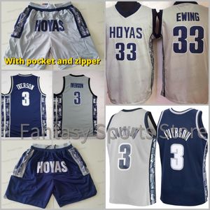 Short de maillot de basket-ball NCAA Iverson Allen Patrick Ewing Georgetown Hoyas College University porte des maillots pour hommes avec des poches zippées