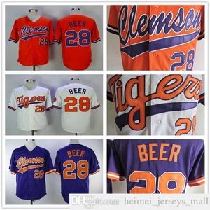 NCAA Clemson Tigers # 28 Seth Beer College camisetas de béisbol barato naranja blanco púrpura para hombre cosido Seth Beer University Jersey camisa