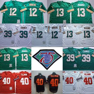 Rétro Foobtall 40 Pat Tillman Jersey 1994 Vintage 12 Bob Griese 13 Dan Marino 39 Larry Csonka 75e anniversaire Noir Rouge Blanc Vert Homme Vintage Toute équipe cousue