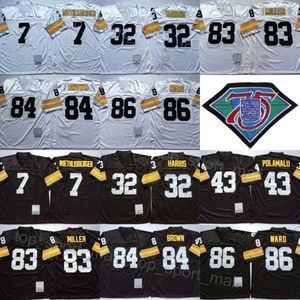 1975 Fútbol retro 7 Ben Roethlisberger Jersey 43 Troy Polamalu 83 Heath Miller 84 Antonio Brown 86 Hines Ward 32 Franco Harris Vintage Negro Blanco Equipo cosido