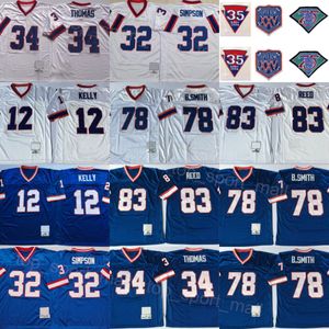 Vintage Football 12 Jim Kelly Jersey 34 Thurman Thomas 78 Bruce Smith 83 Ander Reed 32 OJ Simpson 35e anniversaire 1960 1994 XXV rétro cousu pour les fans de sport haut/haut