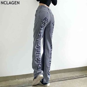 NCLAGEN Carta gótica Bordado Imperio Cintura Casual Paneled Color Jeans para mujeres Hip Hop Vintage Chic Washed Denim Pantalones 210730