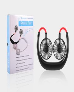 Ventilador con banda para el cuello, portátil, mini cabezal de viento doble, ventilador con banda para el cuello perezoso de verano, recargable por USB para deportes al aire libre, ventilador enfriador de aire para viajes 2419499