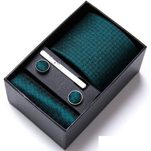 Neck Tie Set Top Quality 7.5 Cm Business Ties Hanky Cufflink Clips Green Necktie Corbatas For Men In Gift Box Slim Gravatas 220810 Dro Dh6N4