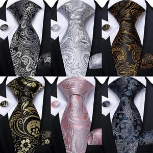 Cravates de cou noir et argent Paisley Floral hommes gris bleu rose accessoires de mariage cravate ensemble mouchoir boutons de manchette cadeau pour hommes 231019