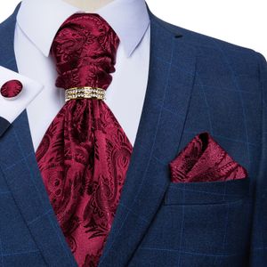 Corbatas Borgoña Rojo Paisley Hombres Vintage Ascot Tie Wedding Formal Cravat Ascot Corbata de lujo Hanky Gemelos Anillo Set para fiesta DiBanGu 230818