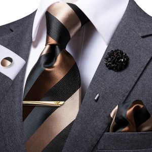 Corbatas Hi-Tie Business Corbata a rayas marrones para hombres Seda negra Clip de corbata para hombres Regalo para hombres Corbata de lujo Hanky Gemelos Conjunto Vestido formal 231013