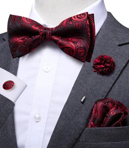 Corbatas de cuello Hi-Tie Lujo Rojo Borgoña Seda Bowtie Pocket Square Gemelos Broche Conjunto Mariposa Nudo Pajarita para hombres Boda Padrino 231214