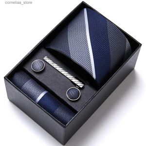 Cravates Cravates Marque En Gros Cravate Poche Carrés Boutons De Manchette Ensemble Cravate Bleu Rayé Homme Accessoires De Mariage Fit Lieu De Travail Boîte Cadeau De Vacances Y240325