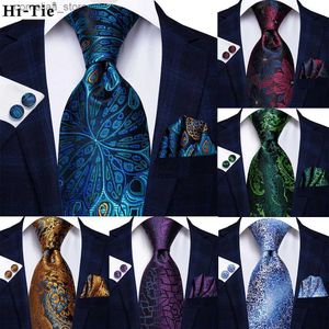 Corbatas para el cuello Hi-Tie Pavo real azul Novedad Diseño Seda Corbata de boda para hombres Hanky ​​Gemelos Regalo Conjunto de corbata para hombre Fiesta de negocios Dropshipping Y240325