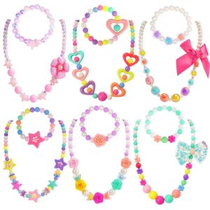 Collar con cuentas, pulsera, conjunto de joyas para niños, niñas pequeñas, cuentas, flores, estrellas, mariposas, joyas de vestir para niños