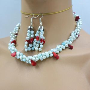 Ensemble de boucles d'oreilles et collier, 3 brins, 6MM, perles d'eau douce baroques naturelles/corail rouge, collier/boucle d'oreille