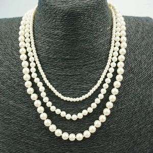 Ensemble de collier et boucles d'oreilles 4/6/8mm, 3 rangées superposées de verre rond blanc, Imitation de perle, courte et Simple pour femmes, chaîne de pull en coquillage, vente en gros