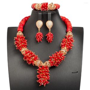 Conjunto de collar y pendientes, joyería africana, Coral rojo Natural, cuentas de boda nigerianas, gargantilla con cuentas CNR064