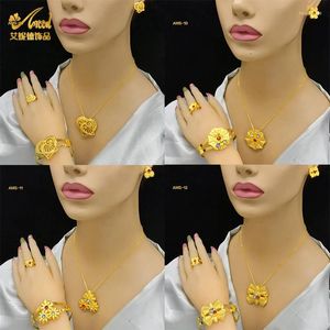 Conjunto de pendientes y collar ANIID Dubai, flor india, conjuntos de joyas de cristal coloridos para mujer, novia árabe etíope, regalo de Color dorado al por mayor