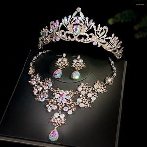 Collier Boucles d'oreilles Set Baroque Gold Ab Color Crystal Drop Drop Bridal Rimestone Tiaras Crown Stud Wedding Jewelry