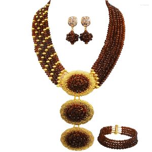 Ensemble collier et boucles d'oreilles en perles africaines marron, bijoux pour femmes, Costume à la mode