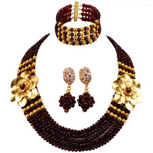 Ensemble collier et boucles d'oreilles en perles africaines marron, bijoux pour femmes, Costume en perles de cristal, cadeaux 5LDH02