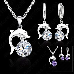 Collier et boucles d'oreilles en argent Sterling 925, joli ensemble de boucles d'oreilles à levier en forme de dauphin, blanc, violet, pierre CZ, bijoux en cristal