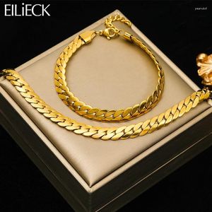 Conjunto de collar y pendientes EILIECK Pulsera de cadena ancha plana de acero inoxidable 316L de color dorado para mujer y niña, regalo de joyería que no se decolora