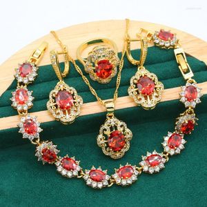 Conjunto de collar y pendientes, exquisita boda de Color dorado para mujer, pulsera de cumpleaños con circonita rubí, colgante, anillo de novia, caja de regalo