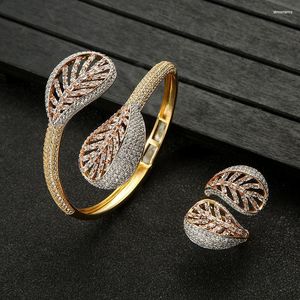 Collier boucles d'oreilles ensemble EYER à la mode luxe Disco feuille forme empilable bijoux pour femmes mariage cubique Zircon Dubai Bracelet fête bracelet