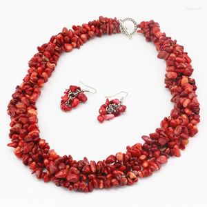 Conjunto de pendientes de collar, joyería de moda para mujer, piedra Natural, Coral rojo, 9-11mm, collares de cuentas de viruta de grava Irregular, 18 