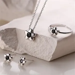 Collier Boucles d'oreilles Set Grace Fashion 925 STERLING Silver Obsidian Flower Women fine haute qualité Sterling-Silver-Jewelry Gift JY097