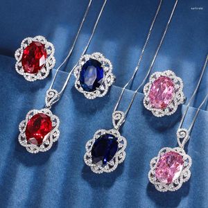 Ensemble de boucles d'oreilles et collier pour femmes, Design creux, forme ovale, rouge rubis, bleu, saphir, rose, pendentif en Zircon cubique, bague réglable, bijoux pour femmes, 15x20mm