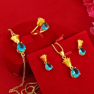 Conjunto de collar y pendientes, moda de Japón y Corea del Sur, flores, gota de agua, gancho para oreja de oro de 24k, anillos colgantes al por mayor, enlace