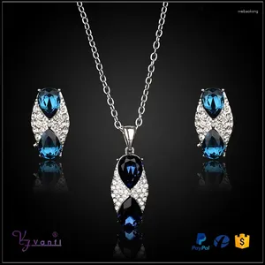 Collier boucles d'oreilles ensemble bijoux couleur argent femmes cadeau vente carrière style bleu pierre cristal pendentif colliers