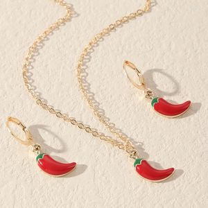 Collier boucles d'oreilles ensemble coréen mignon petit émail rouge pendentif clavicule chaîne avec piment bijoux femme fête collier/boucles d'oreilles cadeaux