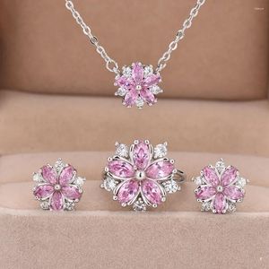 Conjunto de collar y pendientes para mujer, joyería de cristal rosa, anillo de copo de nieve, pendiente, flor de cerezo bonita, accesorios de boda nupcial de tres piezas