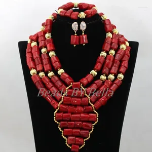 Conjunto de collar y pendientes, cuentas de Coral, joyería de boda africana, conjuntos de collares con cuentas nigerianas para mujer ABK064