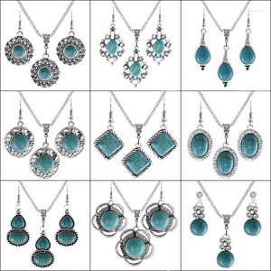 Collier Boucles d'oreilles Set Le Erh-L104C Turquoises Dome Round Green Stone Slebing Pendant Party Women Bijoux