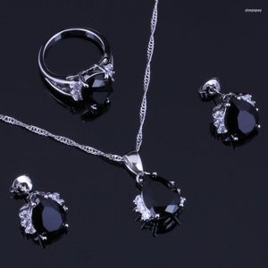 Collier boucles d'oreilles ensemble luxueux noir zircon cubique blanc CZ 925 argent Sterling pour les femmes pendentif chaîne anneau V0325