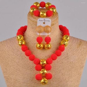 Ensemble collier et boucles d'oreilles Majalia, bijoux de mariage africains à la mode, perle en plastique rouge du Nigeria, HH-08