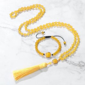 Ensemble de collier et boucles d'oreilles en pierre naturelle jaune, 108 perles faites à la main en jaspe, bracelets pour femmes et hommes, pendentif pompon, bijoux de prière