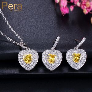 Collar Pendientes Set Pera Romántico Forma de corazón grande Cristal amarillo Color plata Joyería Mujer y para regalo de Navidad J178