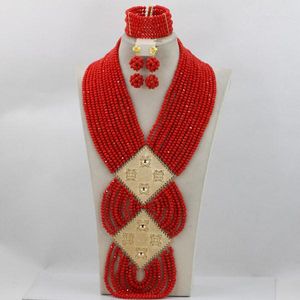 Conjunto de pendientes de collar, cuentas de boda africanas rojas, joyería de disfraz de fiesta nigeriana grande AMJ622
