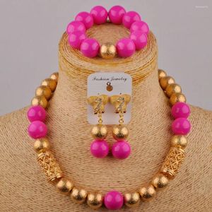 Ensemble collier et boucles d'oreilles simples en verre rose Fuchsia et cristal, robe de mariée africaine pour femmes, bijoux à la mode nigériane, XK-26