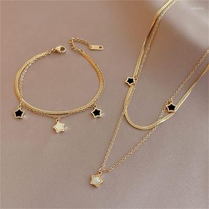 Necklace Earrings Set Stainless Steel Multilayer Chain Shell Star Charm Bracelet For Women Trend Jewelry Girls Party Gifts