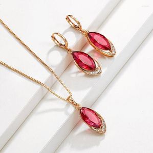 Collier boucles d'oreilles ensemble bijoux en argent tibétain classique Vintage rubis boucle d'oreille/collier fête grenade couleur or rose cristal rouge