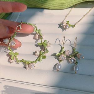 Collier boucles d'oreilles ensemble à la mode orchidées fleurs perle Braceltes colliers ras du cou pour femmes fille 2023 plante fête bijoux de mariage