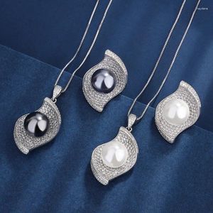 Ensemble collier et boucles d'oreilles en perle de Tahiti blanche, pendentif en feuille géométrique, bague réglable, bijoux de luxe pour femmes, accessoires de fête de banquet