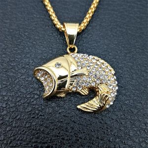 necklace moissanite chaîne Hip Hop Ice Out Bling poisson pendentifs colliers pour femmes/hommes couleur dorée 14k or jaune bijoux animaux mignon