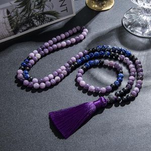 Collares Collar de lepidolita de mica púrpura de lapislázuli natural de 8 mm 108 cuentas de Mala Collar Meditación Oración Rosario Conjunto de joyas Japamala